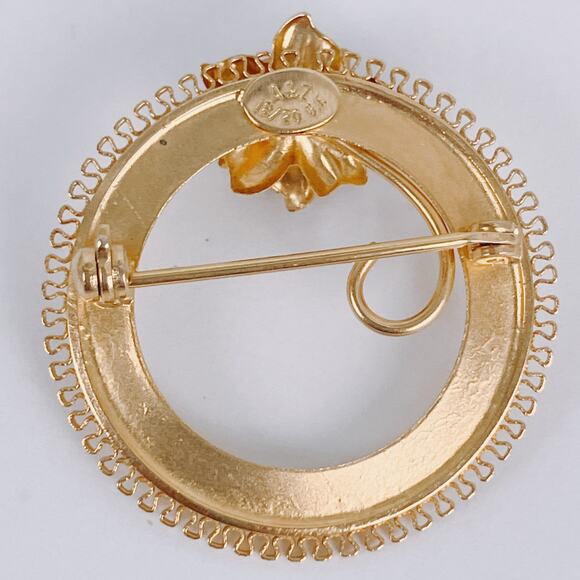 VTG Signed A&Z Brooch Gold Filled Green Jade Gemstone Circle Floral Mid Century - Picture 7 of 14